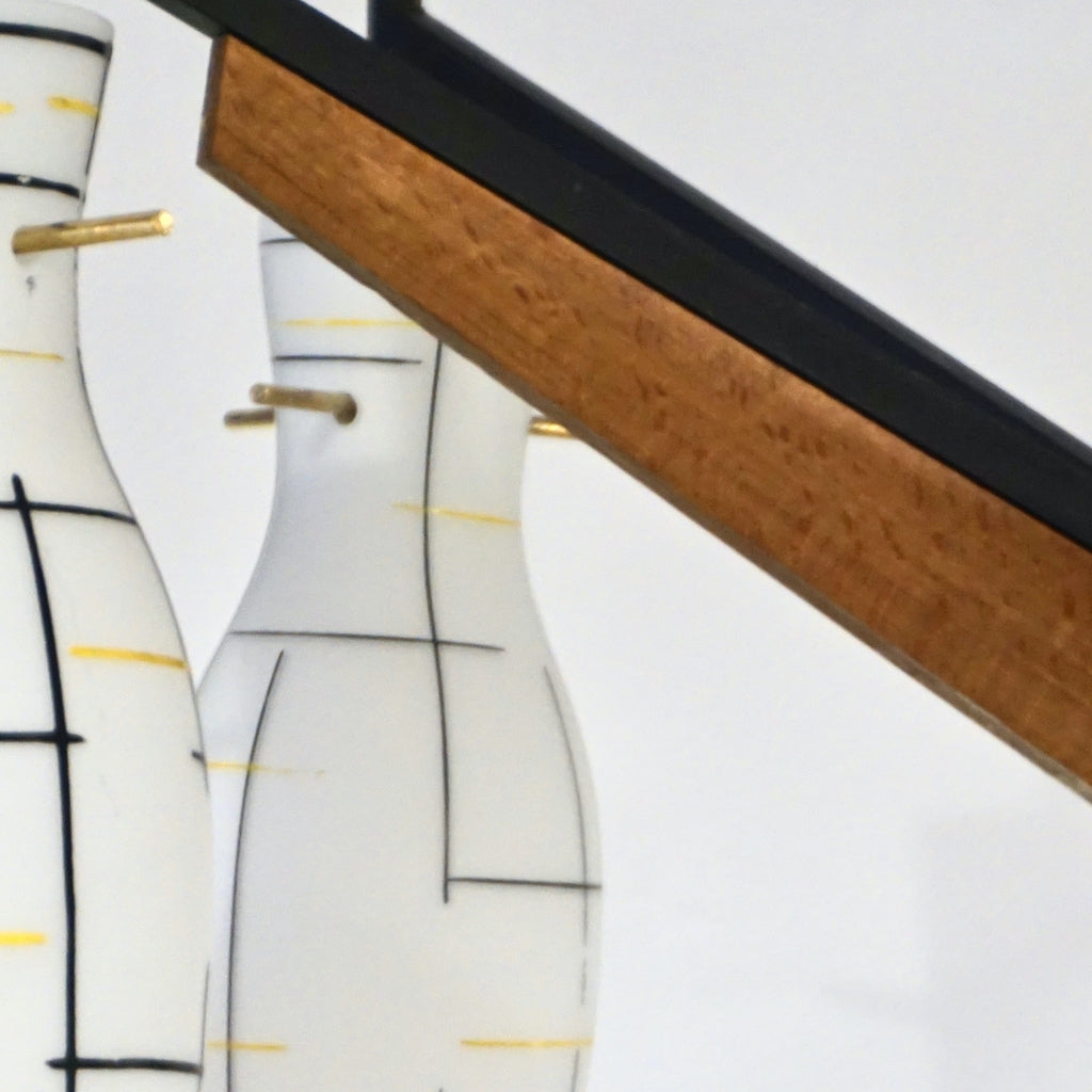 Stilnovo 1958 Italian Black Yellow White Glass 6-Light Teak & Brass Chandelier