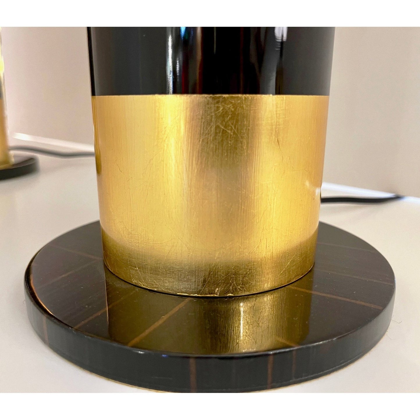 Spanish Art Deco Design Pair of Black Brown Veneer & Gold Leaf Cylindrical Lamps