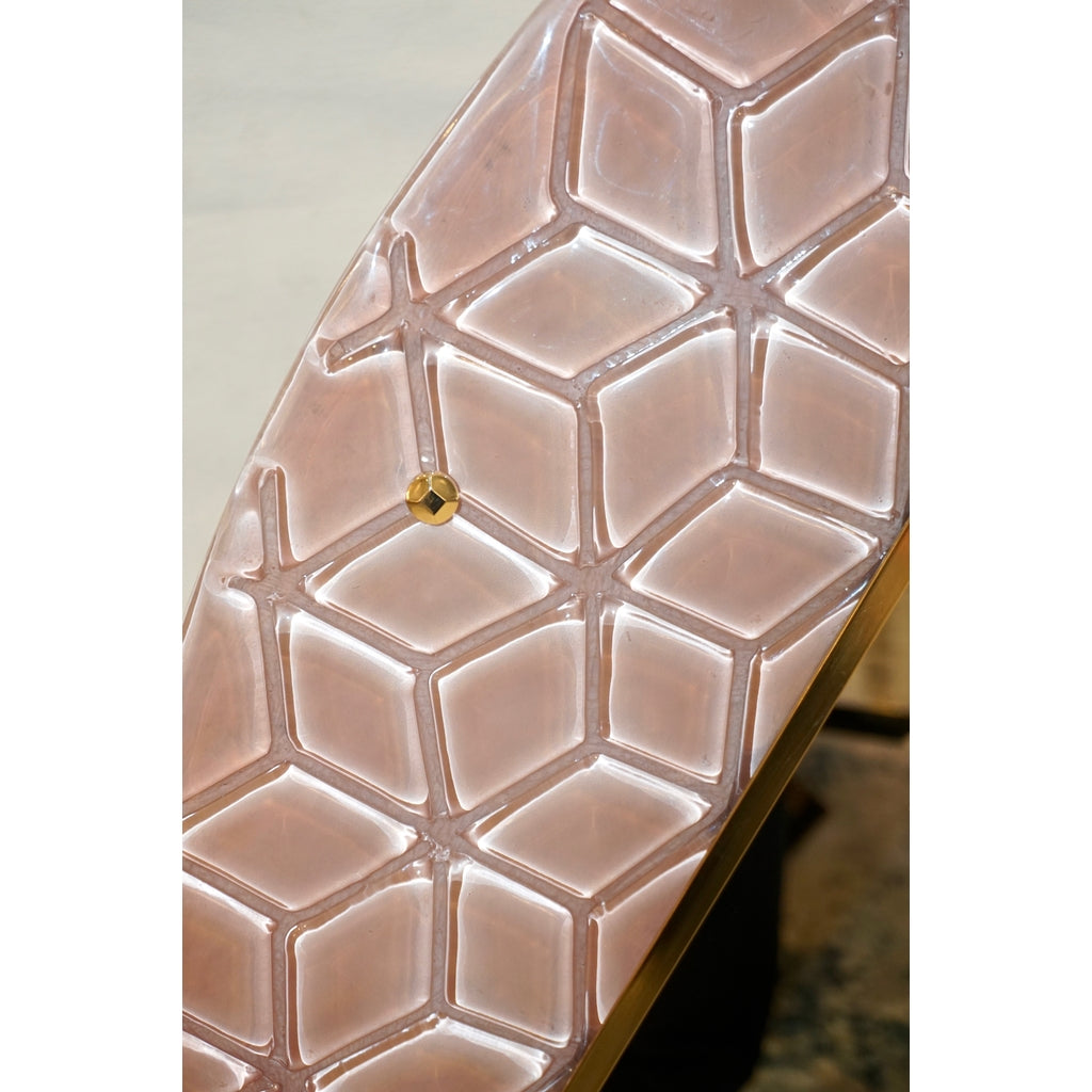 Bespoke Italian Custom Brass and Embossed Pink Murano Glass Modern Round Mirror