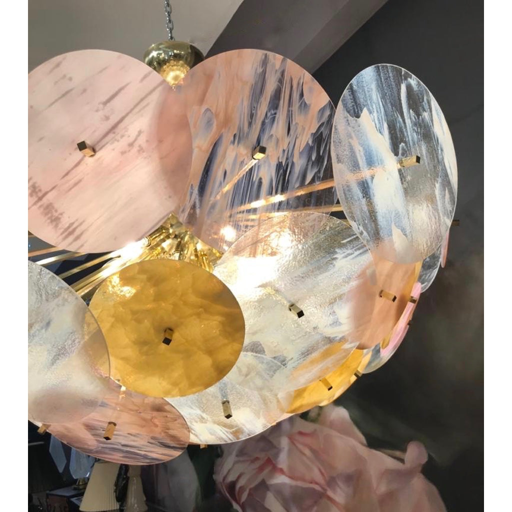 Contemporary Italian Yellow White Rose Pink Murano Glass Oval Sputnik Flushmount