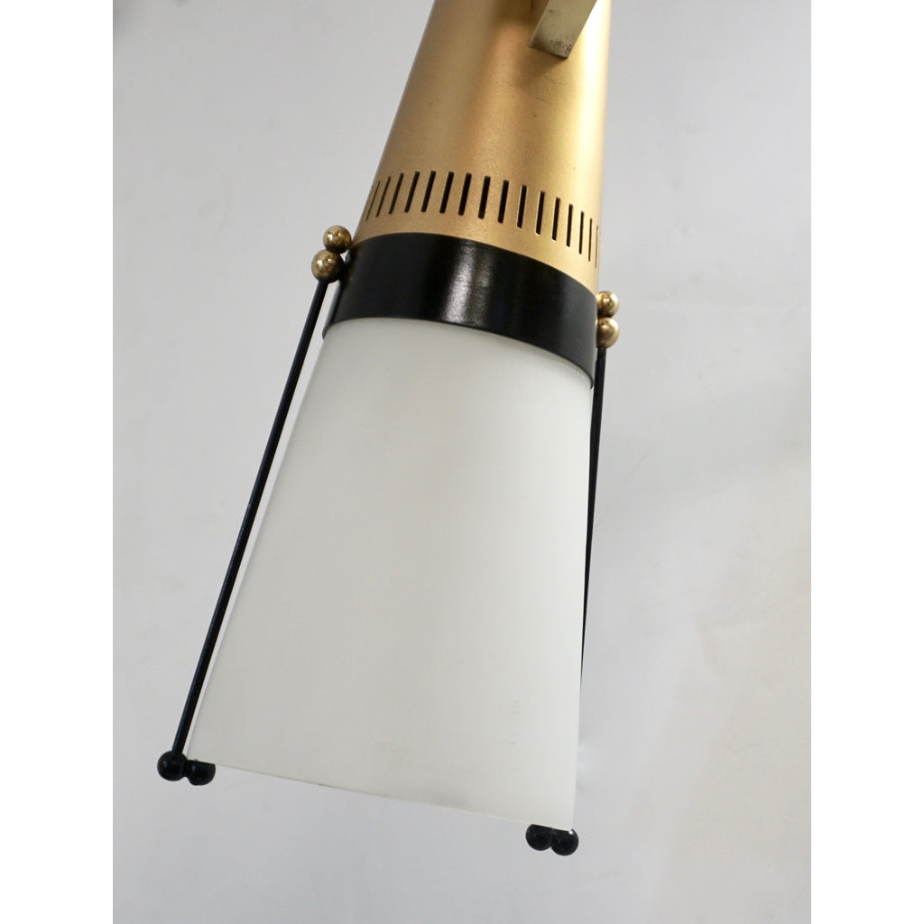 Torlasco 1950s Italian Vintage Brass Black White Three-Light Cone Chandelier