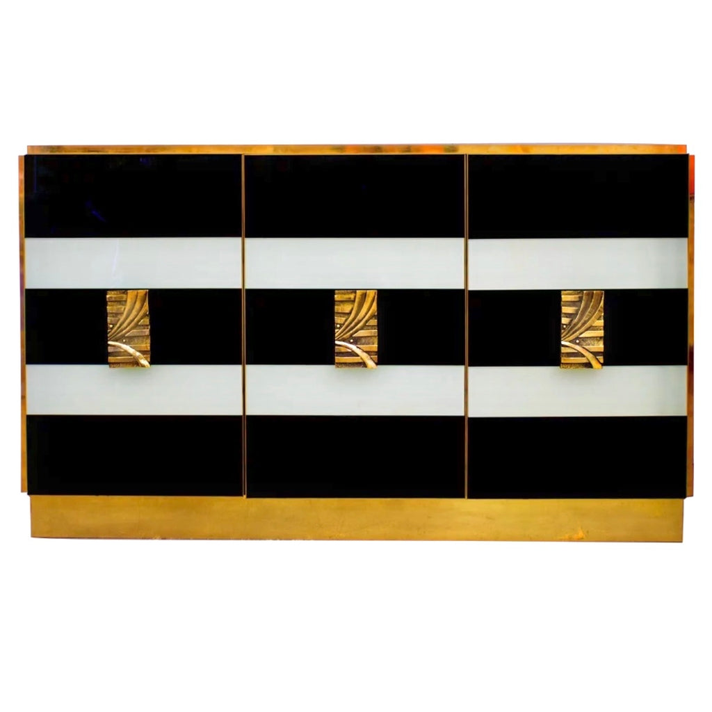 Bespoke Italian Art Design Brass Black White Stripe Glass Dresser Sideboard