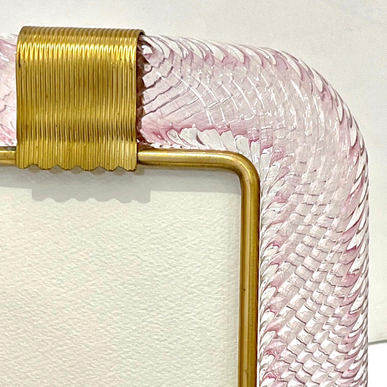 2000 Barovier Toso Italian Pink Crystal Twisted Murano Glass Brass Picture Frame