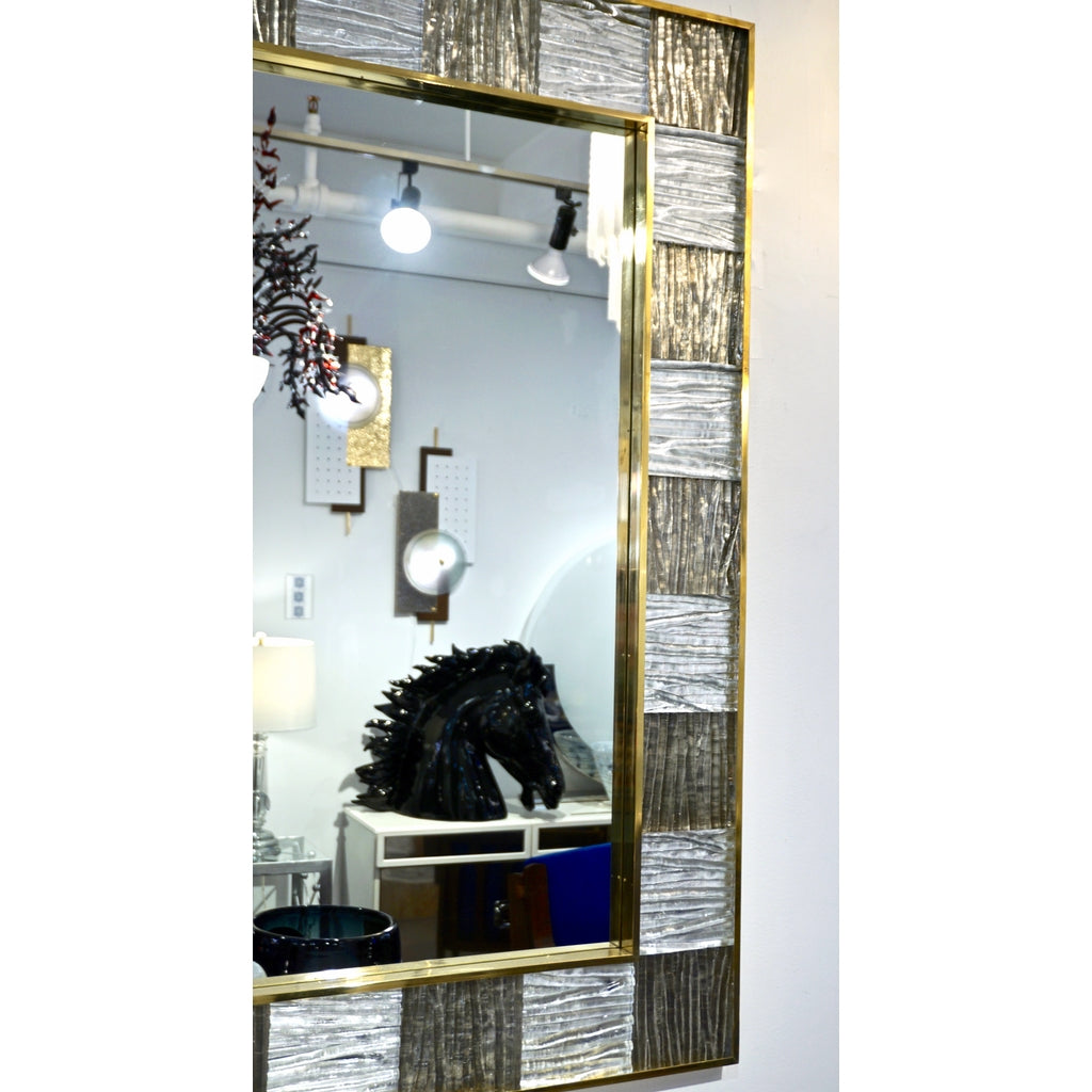 Bespoke Italian Square Silver Leaf Smoked Crystal Murano Glass Brass Tile Mirror