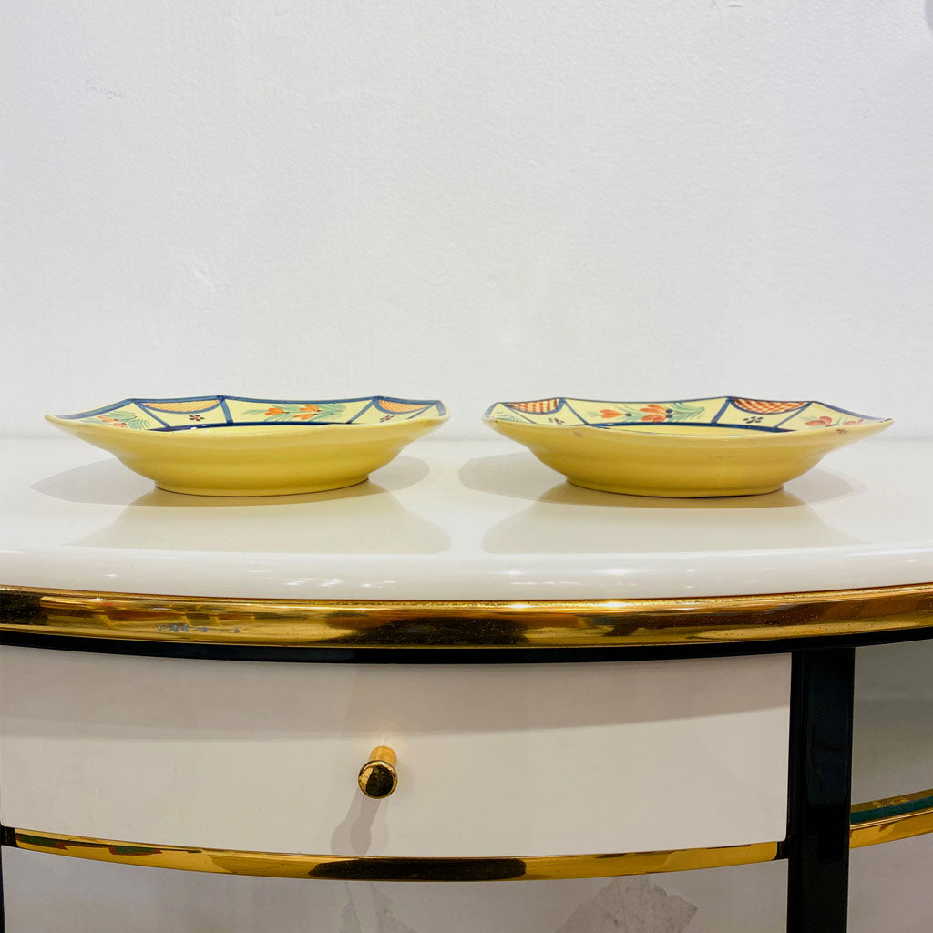 1930s French Henriot Quimper Faience Pair of Man Woman Octagonal Yellow Plates