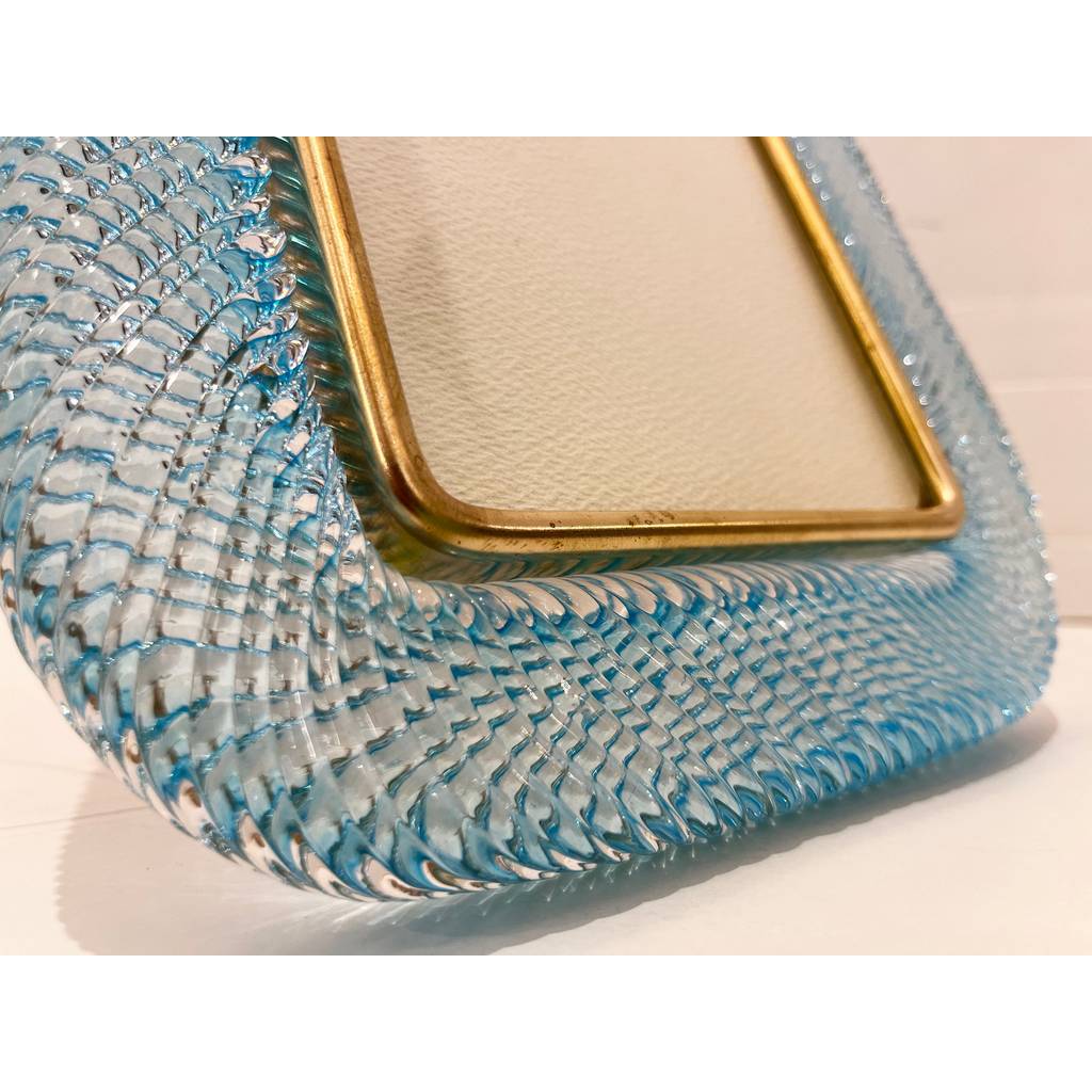 2000s Barovier Toso Italian Aquamarine Blue Murano Glass Brass Picture Frame