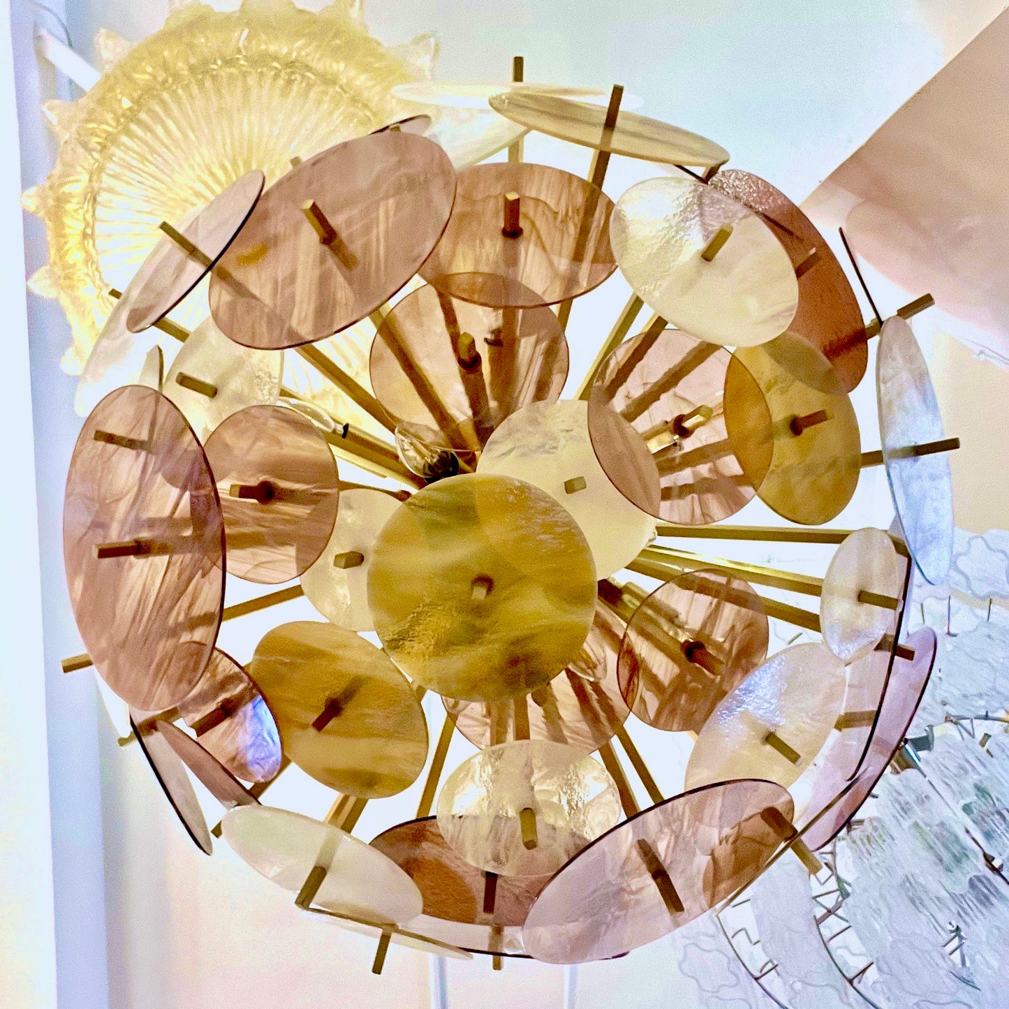 Modern Italian Pastel Rose Pink Yellow White Murano Glass Sputnik Flushmount