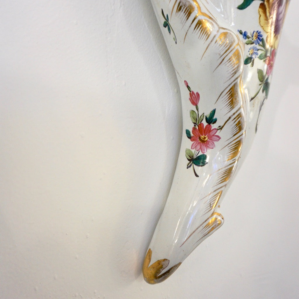 1870s Antique French Faience Pottery White Pink Gold Flower Holder Wall Pocket