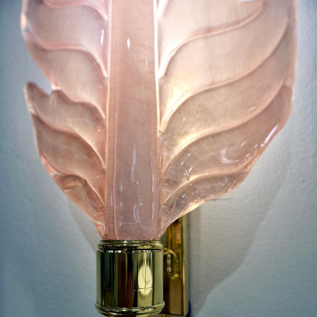 Contemporary Italian Art Deco Pink Murano Glass & Brass Feather Leaf Sconces