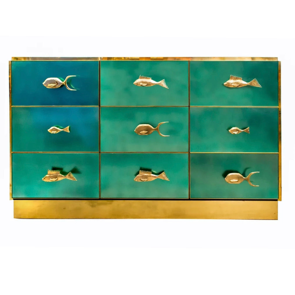Bespoke Italian Abstract Branch Design 2-Door Turquoise Blue Glass Cabinet
