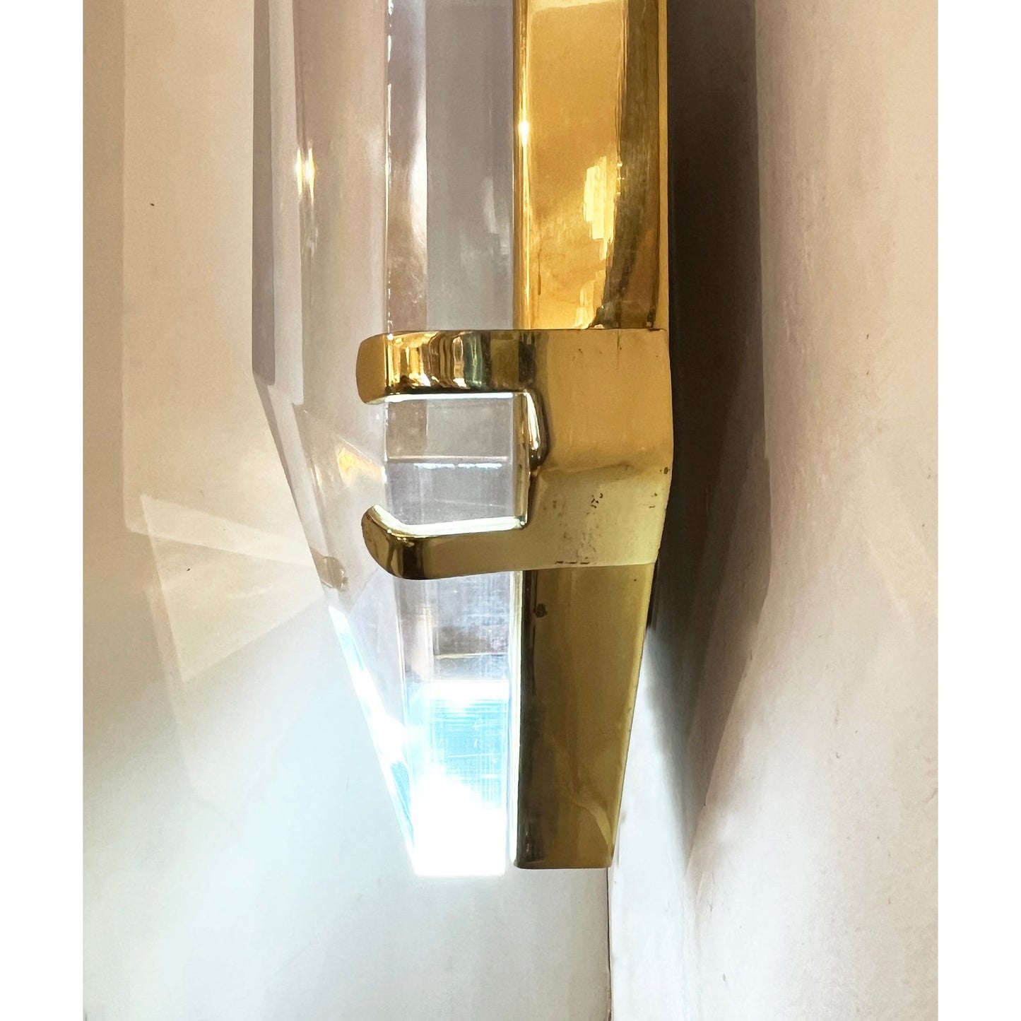 Italian Hollywood Regency Sculptural Crystal Lucite Decorative Tall Wall Lights