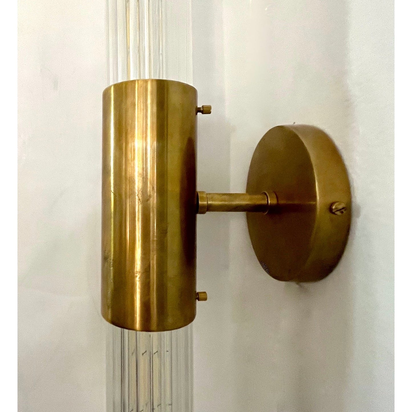 1980s Italian Art Deco Style Pair of Reeded Crystal Glass Brass Tubular Sconces