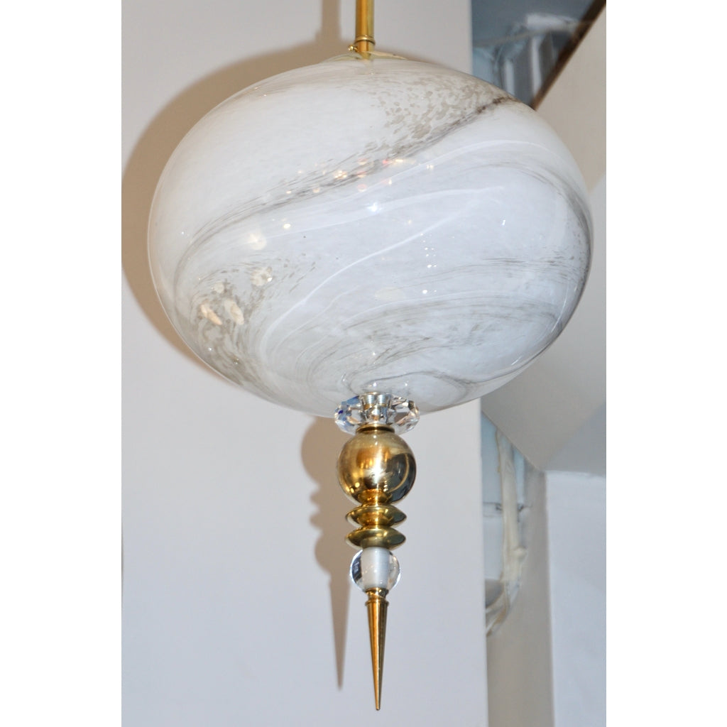 Bespoke Italian Brass and Cream White Alabaster Murano Glass Oval Pendant Light
