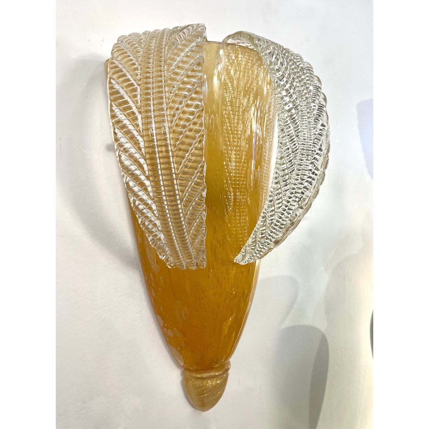Italian Vintage Pair of Sconces in Amber Gold Glass with Hanging Crystal Leaves