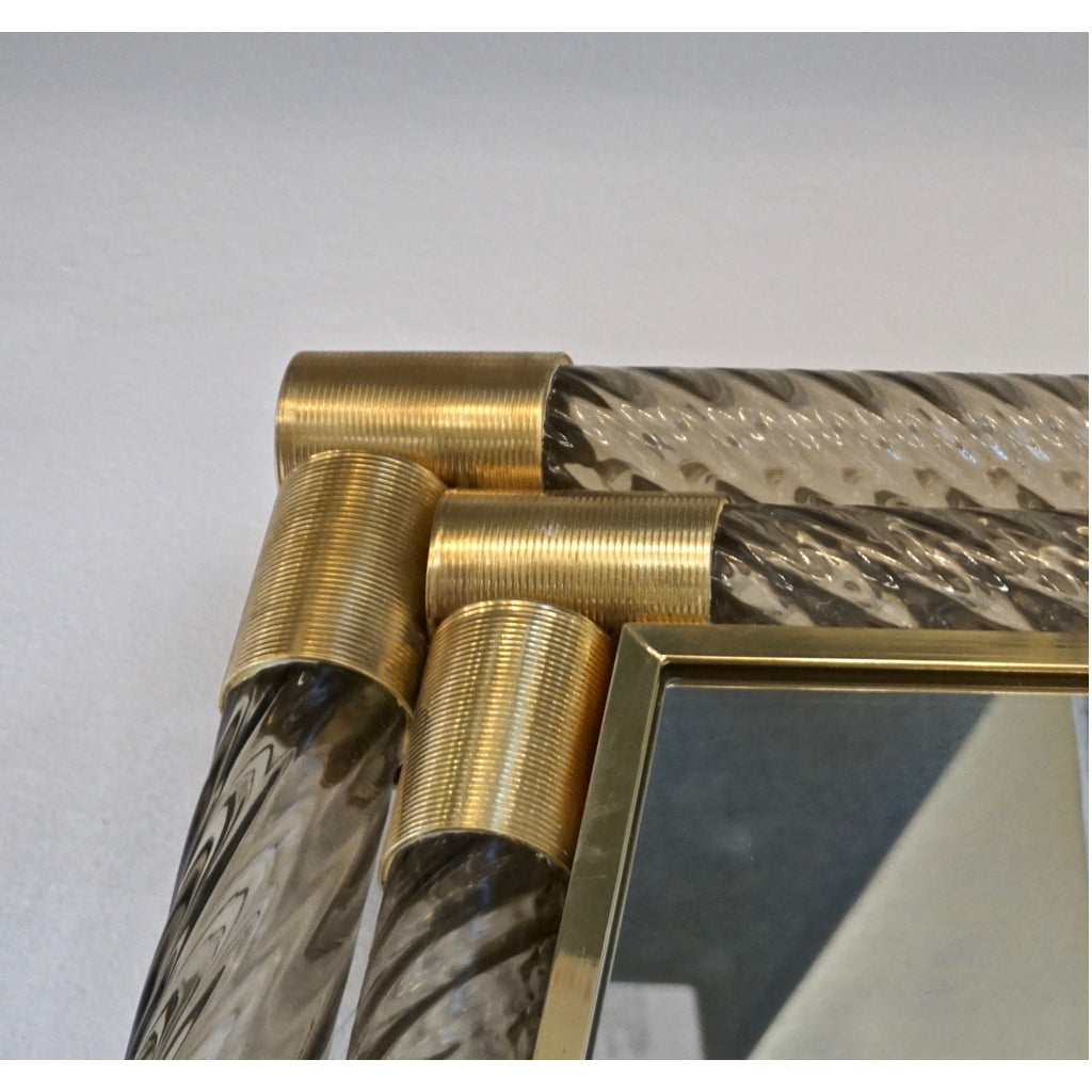 Italian Art Deco Design Twisted Gray Smoked Murano Glass & Gold Brass Mirror