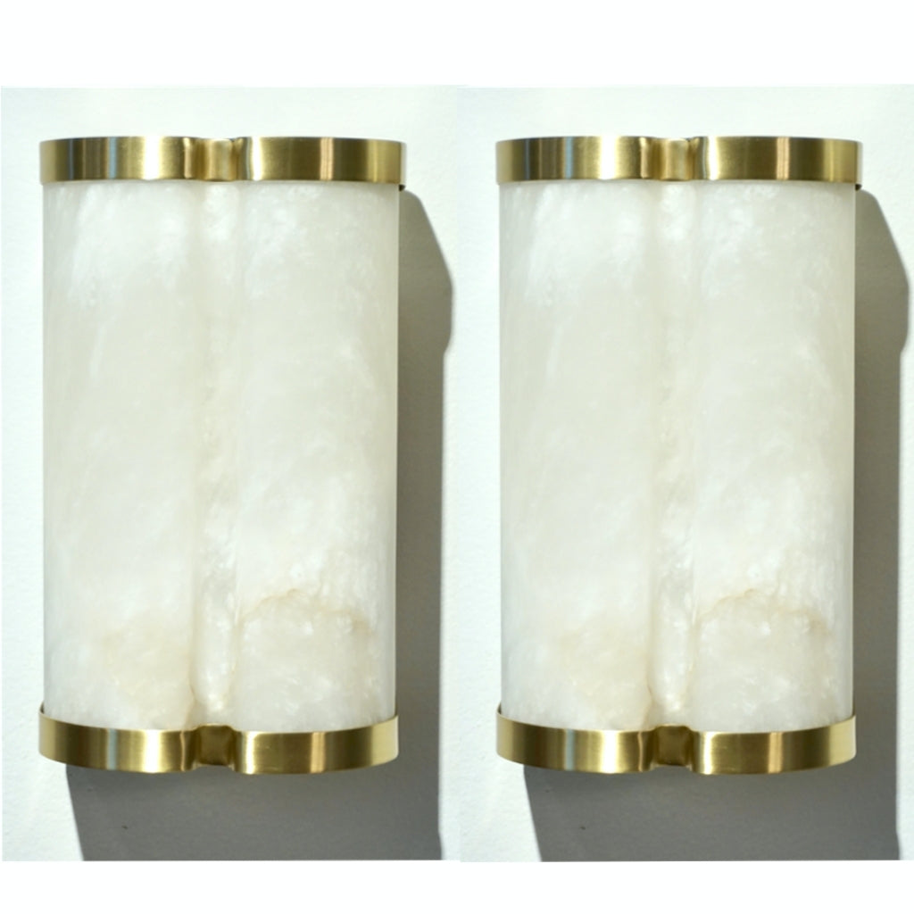 Bespoke Italian Art Deco Style Cream White Alabaster Pair of Brass Edged Sconces