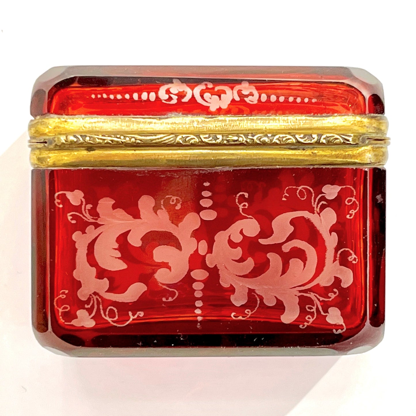 Antique Austrian Hinged Lid Ruby Red Bohemian Engraved Cut Crystal Trinket Box