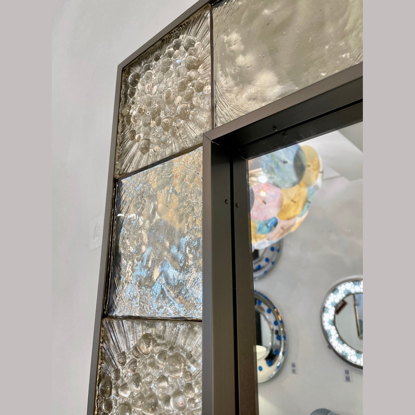 Customizable Italian Smoked Silver Murano Glass Geometric Gun Metal Tile Mirror