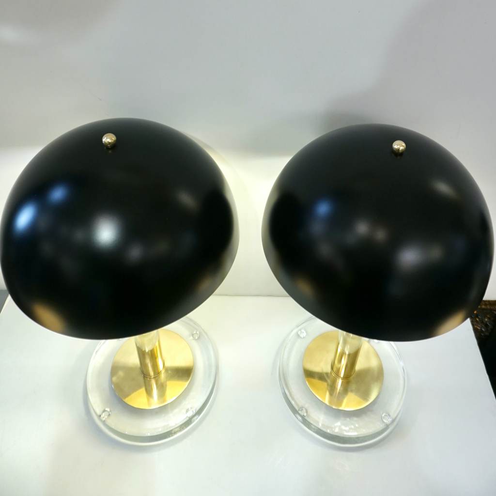 Italian Modern Pair of Art Deco Design Black and Gold Lacquer Brass Dome Lamps