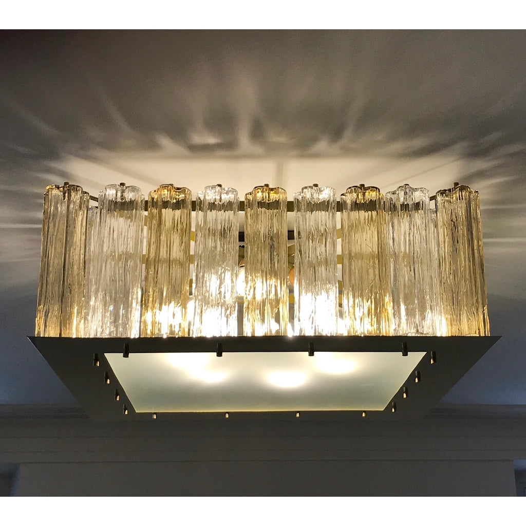 Contemporary Square Italian Crystal Amber Murano Glass Flush Chandelier/Pendant