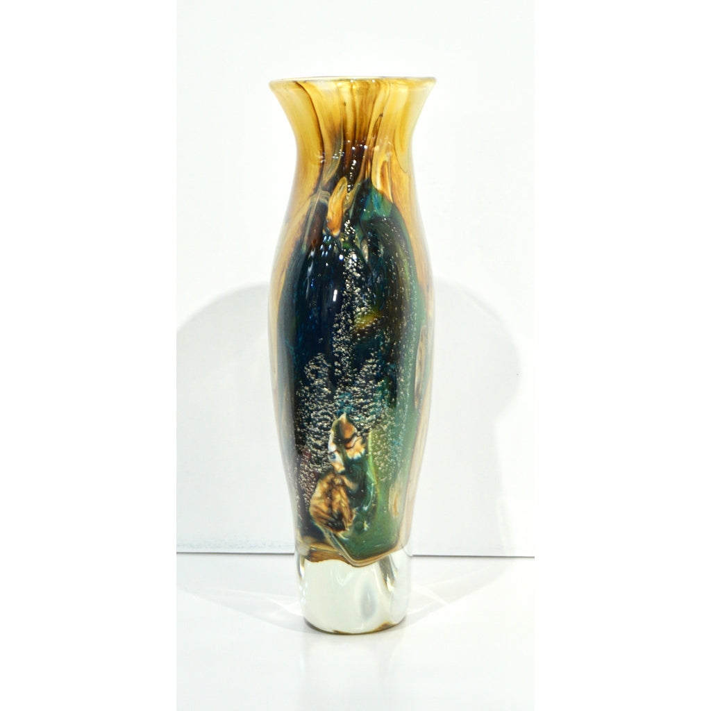 Michele Onesto 1990s Green Yellow Blue Silver Overlaid Crystal Murano Glass Vase