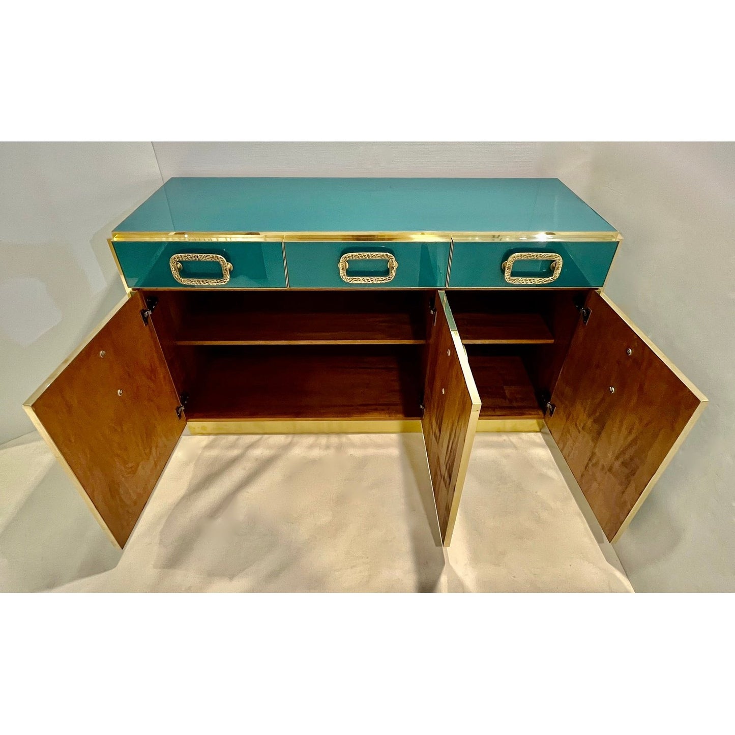 Bespoke Italian Art Design Brass Metallic Emerald Blue Glass Dresser Sideboard