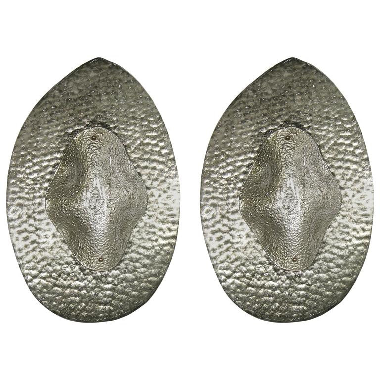 1990s Modern Italian Pair of Silver Finish Textured Murano Glass Concave Sconces - Cosulich Interiors & Antiques