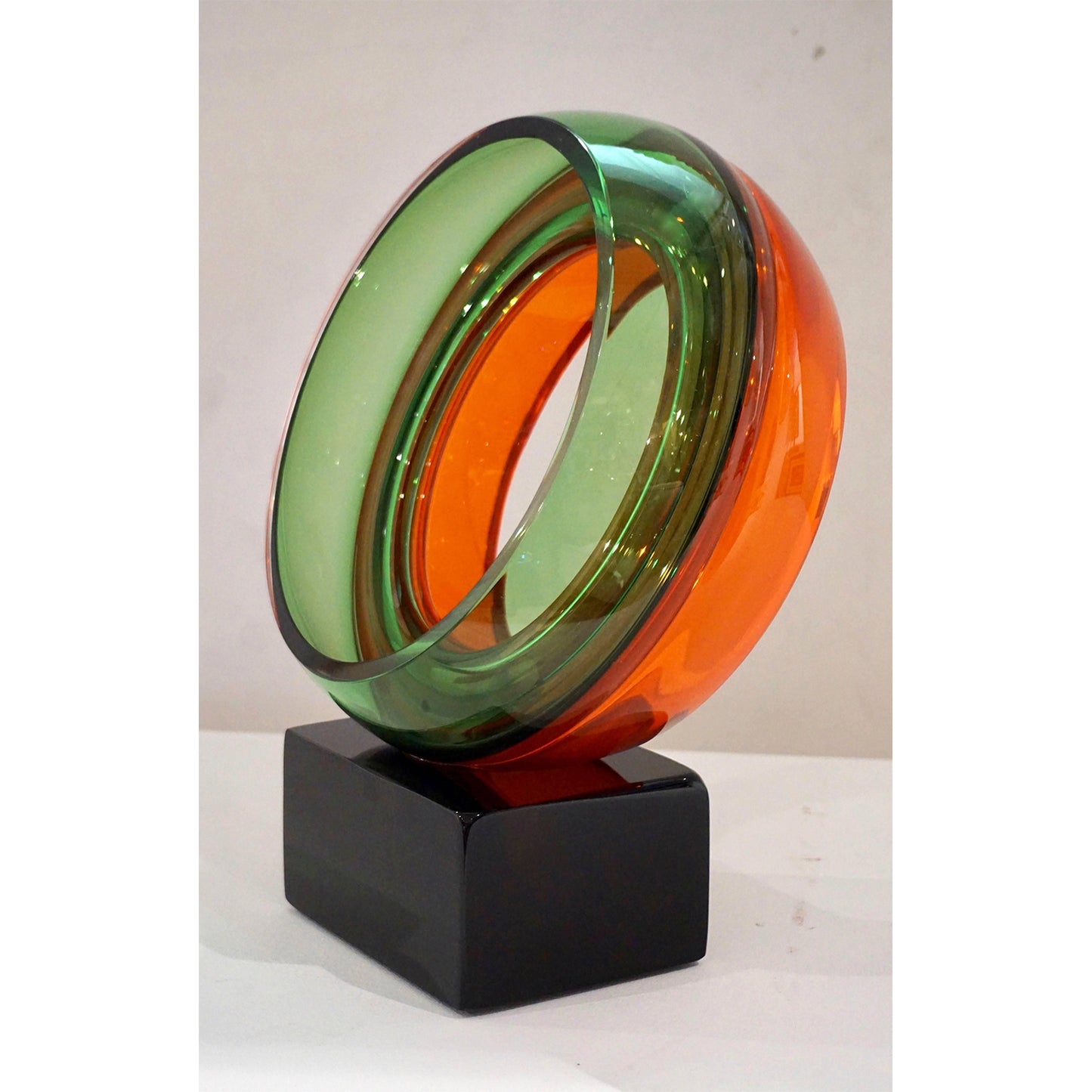 Minimalist Italian Green Orange Red Murano Art Glass Abstract Sculpture