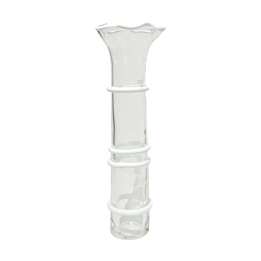 Formia Italian 1970s Vintage White Crystal Clear Murano Glass Tall Flared Vase