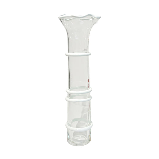 Formia Italian 1970s Vintage White Crystal Clear Murano Glass Tall Flared Vase