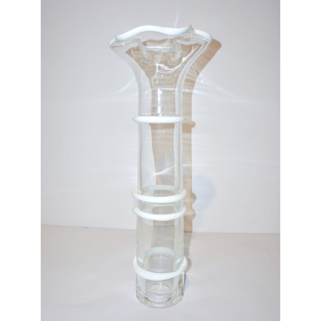 Formia Italian 1970s Vintage White Crystal Clear Murano Glass Tall Flared Vase