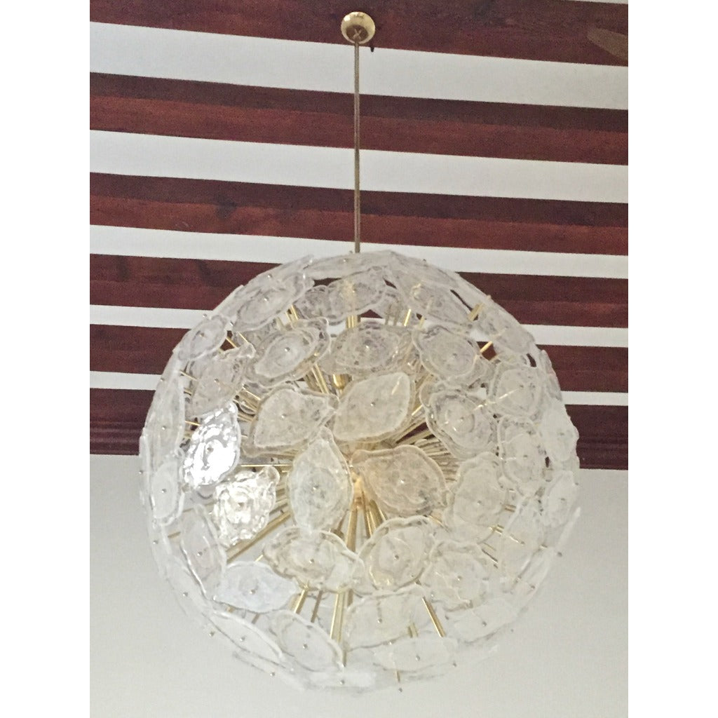 Contemporary Italian Brass & White Frosted Murano Glass Leaf Sputnik Chandelier