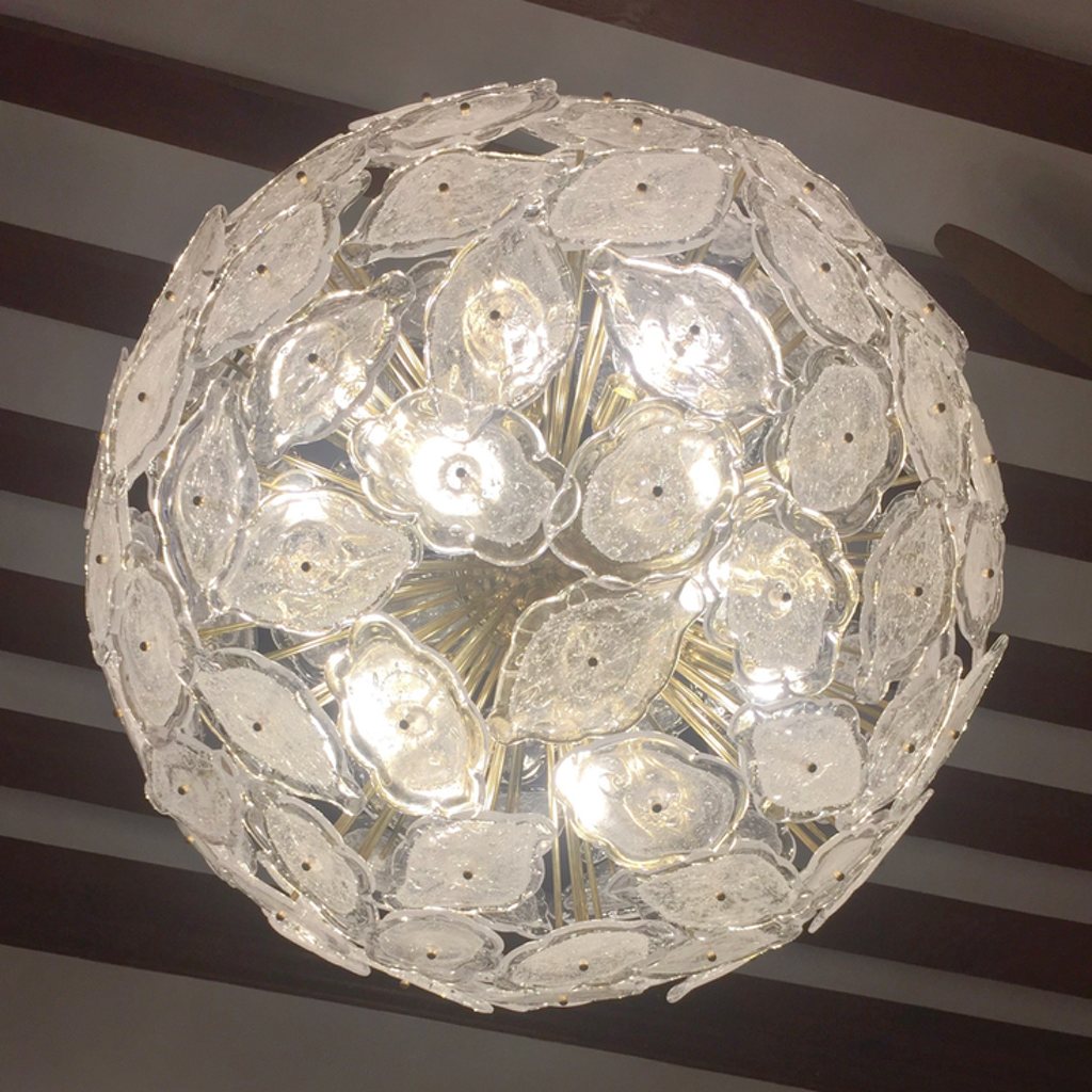Contemporary Italian Brass & White Frosted Murano Glass Leaf Sputnik Chandelier