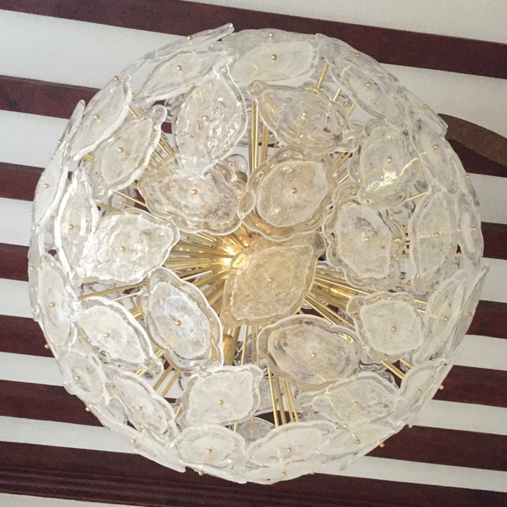 Contemporary Italian Brass & White Frosted Murano Glass Leaf Sputnik Chandelier