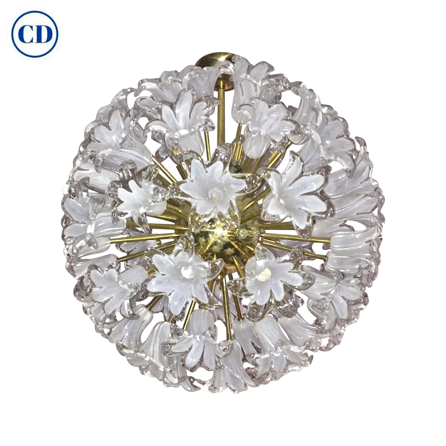Contemporary Italian White Murano Glass and Brass Sputnik Bud Flower Chandelier