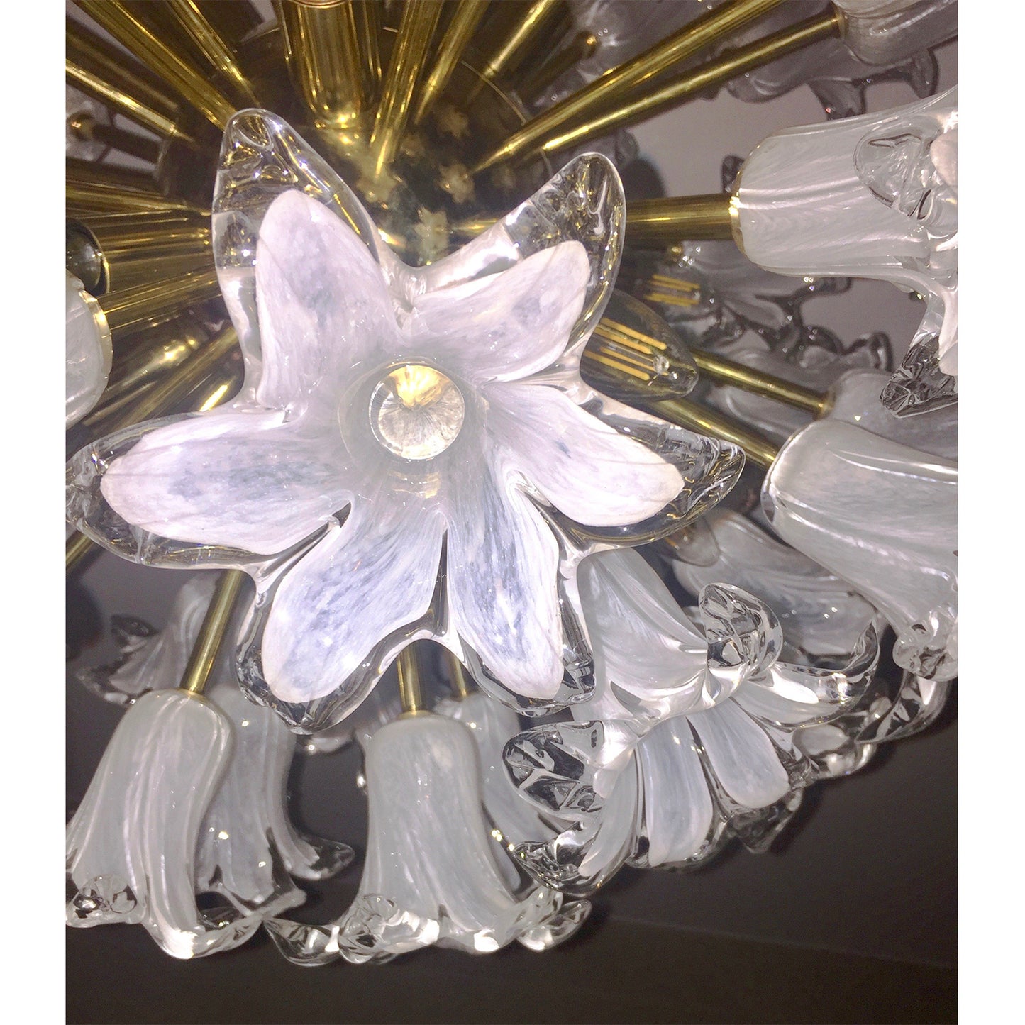 Contemporary Italian White Murano Glass and Brass Sputnik Bud Flower Chandelier