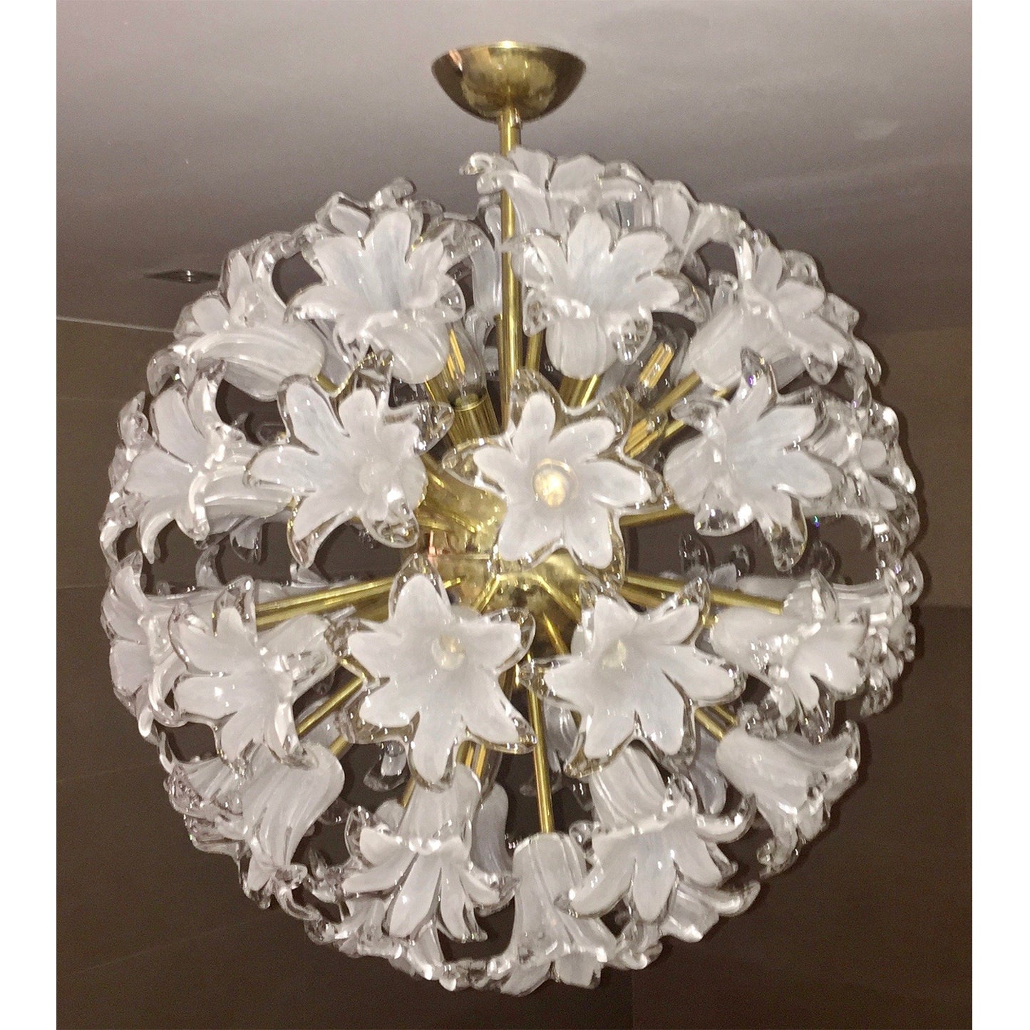 Contemporary Italian White Murano Glass and Brass Sputnik Bud Flower Chandelier