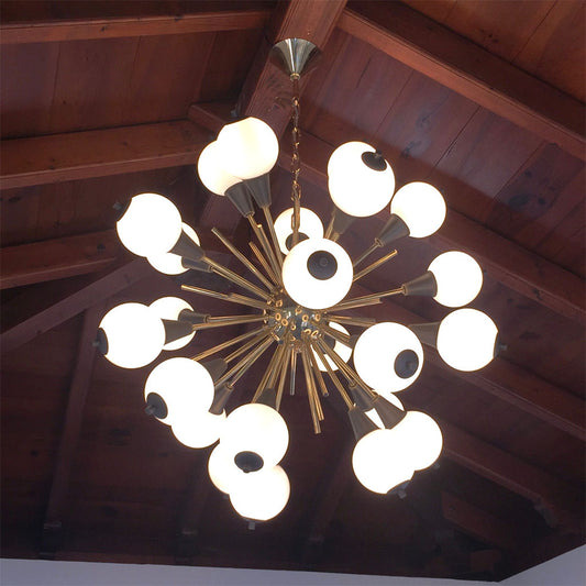 Contemporary Italian Antique Bronze and White Murano 24 light Sputnik Chandelier