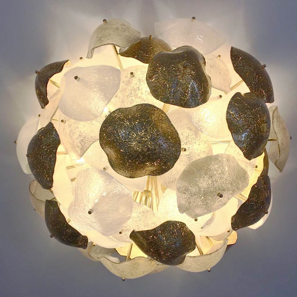 Contemporary Italian Gold White Smoked Scavo Murano Glass Round Leaf Flush Mount