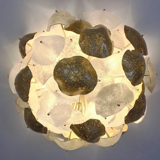 Contemporary Italian Gold White Smoked Scavo Murano Glass Round Leaf Flush Mount