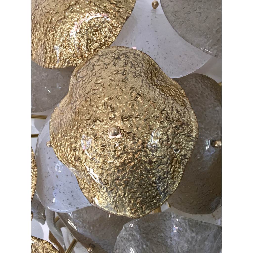 Contemporary Italian Gold White Smoked Scavo Murano Glass Round Leaf Flush Mount