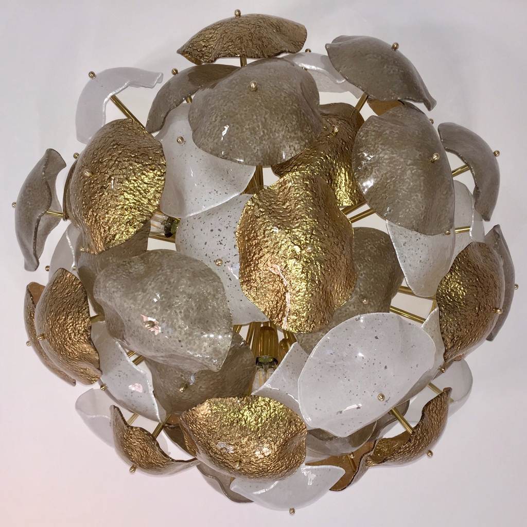 Contemporary Italian Gold White Smoked Scavo Murano Glass Round Leaf Flush Mount