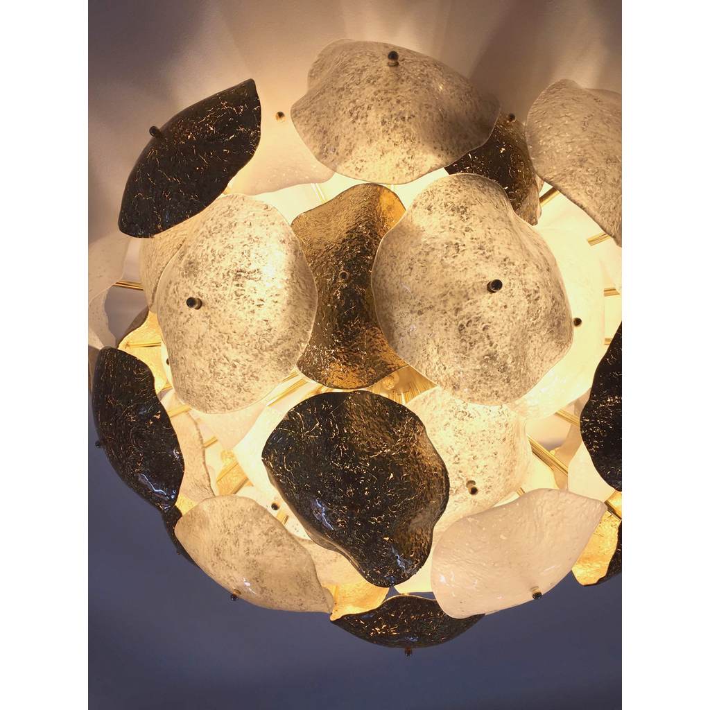 Contemporary Italian Gold White Smoked Scavo Murano Glass Round Leaf Flush Mount