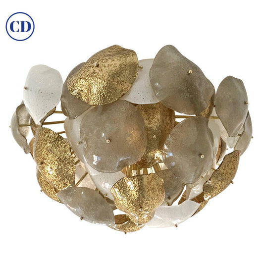 Contemporary Italian Gold White Smoked Scavo Murano Glass Round Leaf Flush Mount