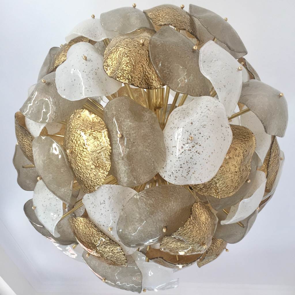 Modernist Italian Murano Glass Silver White 24-Carat Gold Leaf Round Chandelier