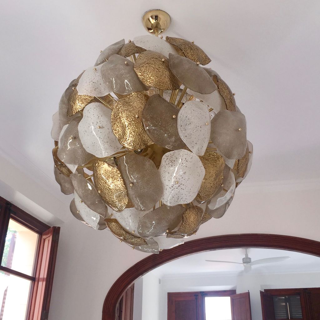 Modernist Italian Gold Silver White Scavo Murano Glass Round Leaf Chandelier