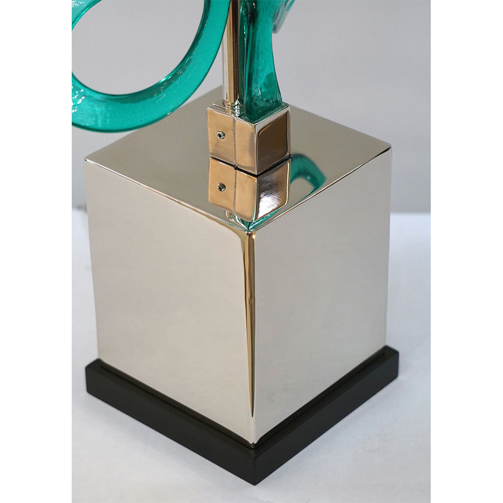 Italian Pair of Silver Color Nickel Table Lamps with Aqua Blue Murano Glass Swirls