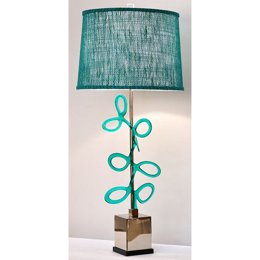 Italian Pair of Silver Color Nickel Table Lamps with Aqua Blue Murano Glass Swirls