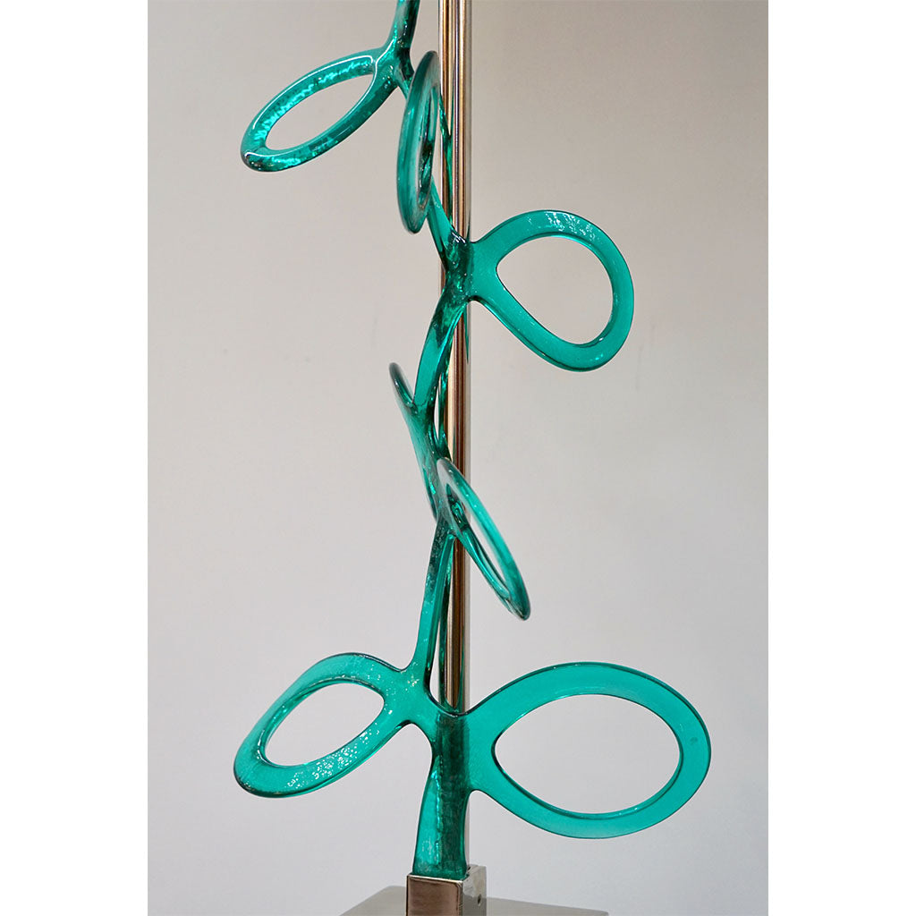 Italian Pair of Silver Color Nickel Table Lamps with Aqua Blue Murano Glass Swirls
