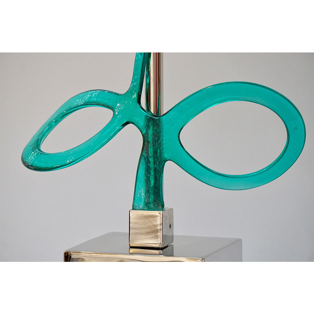 Italian Pair of Silver Color Nickel Table Lamps with Aqua Blue Murano Glass Swirls
